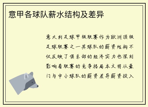 意甲各球队薪水结构及差异