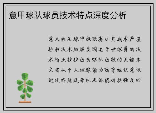 意甲球队球员技术特点深度分析