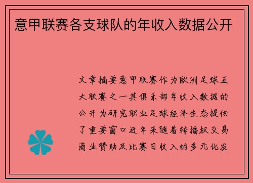 意甲联赛各支球队的年收入数据公开